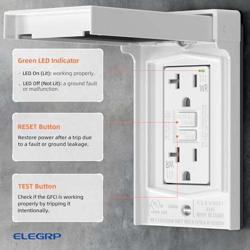ELEGRP Outdoor GFCI Outlet with Cover, Weather Resistant GFCI Receptacle and Wall Plate, 20 Amp Self-Test GFI Electrical Outlet, Thinner Design Ground Fault Receptacle, UL Listed, Matte White, 1 Pack by ELEGRP - Image 4