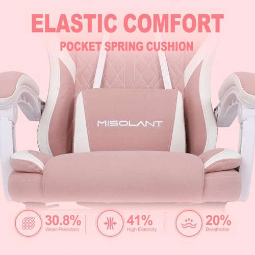 Image of Misolant Gaming Chair, Fabric Gamer Chair with footrest for Adults, High Back Ergonomic Computer Game Chair with Adjustable Headrest and Massage Lumbar Support, 90-155 Recline Free, Pink