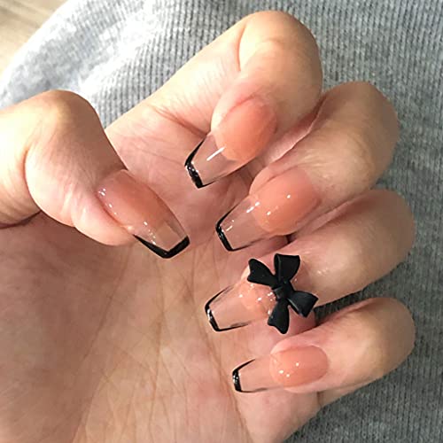 RikView Medium Length Press on Nails French Acrylic Nails Coffin Fake Nails Black/Clear Nails with Bowknot