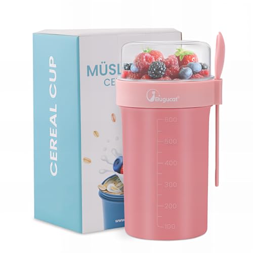 Bugucat Müslibecher to Go 760ml+230ml,Praktischer Joghurtbecher to Go Müsli to Go Becher mit Löffel,Auslaufsicherer Müslibecher Müsli Cup to Go Becher,Müslibox to Go Müsli Becher to Go kinder,Rosa