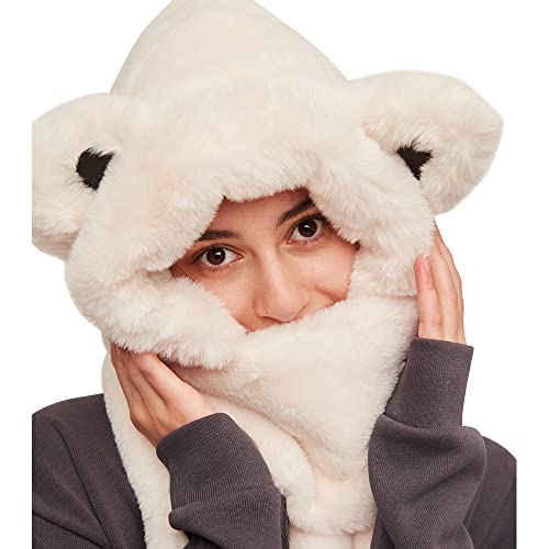 OHRAIN Warm Bear Hoodie Hat/Scarf/Gloves Set for Women Soft Plush Thick Hat Long Scarf Mitten 3-in-1 Multi-Functional Combo2