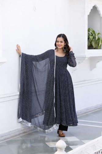 Image of Modestouze Attires Women's Rayon Printed Kurta Set | U Neck Full Sleeve Fit Flared Anarkali Kurti and Print Dupatta