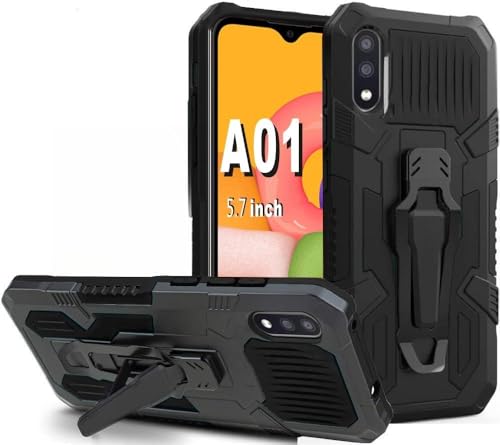 Folmeikat Compatible with Samsung Galaxy A01 Case, with Screen Protector Military Grade Protective with Belt Clip and Kickstand Protective for Galaxy A01 5.7" (2020) Black