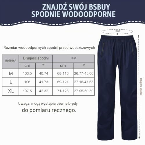 BSBUY Spodnie przeciwdeszczowe dla mężczyzn, lekkie spodnie Packaway, wodoodporne i oddychające, z torbą transportową, kieszenią na zamek, Granatowy, L