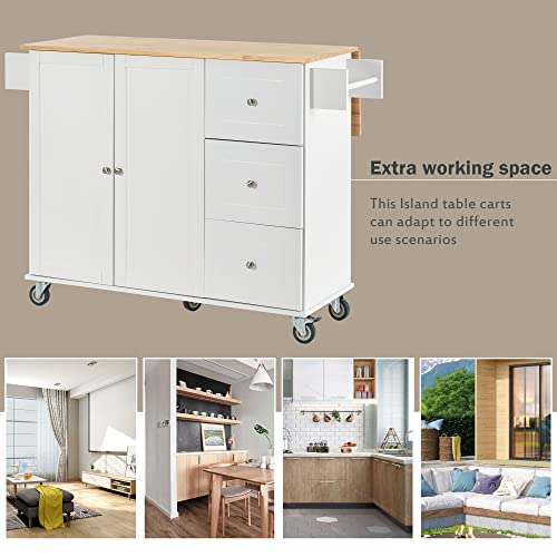Rolling-Kitchen-Island-with-Solid-Wood-Top-and-Locking-Wheels-Mobile-Kitchen-Cart-with-Storage-Cabinet-and-Drop-Leaf-Breakfast-Bar-Spice-Rack-Towel-Rack-Drawer-White Rolling Kitchen Island with Solid Wood Top and Locking Wheels Mobile Kitchen Cart with Storage Cabinet and Drop Leaf Breakfast Bar Spice Rack Towel Rack Drawer White