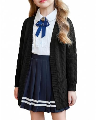 Image of Arshiner Girls Open Front Cardigan Long Sleeve Casual Kids Fall Clothes Solid Thick Chunky Sweater Coat with Pockets