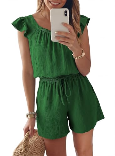 Dokotoo One Piece Outfits for Ladies 2026 Summer Trendy Square Neck Short Rompers Drawstring High Waist Wide Leg Shorts Jumpsuits Going Out Clothes with Pockets,Dark Green Large