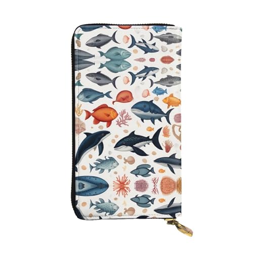 Portefeuille en cuir imprimé animaux marins de 19 cm avec grand porte-cartes intégré