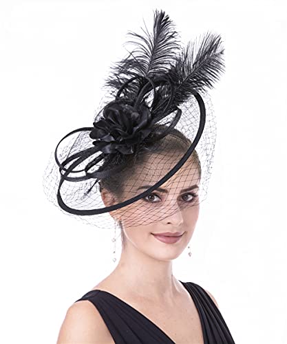 Haojing Femme Chapeau de mariage Chapeau Dames Day Bandeau Tea Party Fascinators Derby du Kentucky (T1-Noir) Cover