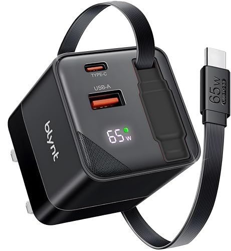 65W USB C Fast Charger with Retractable Type C Cable and Dual Port Output | Compatible with MacBook Pro/Air, iPhone 17/16/15, iPad, Galaxy S25/S24, Steam Deck, Switch | GaN Charging Tech