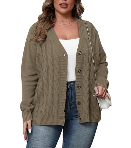 Image of POSESHE Women's Plus Size Open Front Cardigan Sweaters Fashion Button Down Cable Knit Chunky Outwear Coats