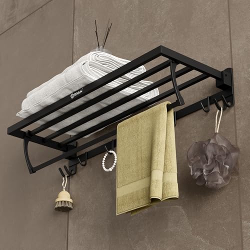 Image of GRIVAN Stainless Steel Towel Holder for Bathroom, 24-inch Bathroom Towel Hanger for Wall with Hooks - Towel Stand in Bathroom (Matte Black Finish)
