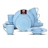 Juego de vajilla de 20 piezas, platos y cuencos, vajilla de gres para 4 personas, apta para microondas y lavavajillas, resistente a los arañazos, azul antiguo moteado estilo campestre francés