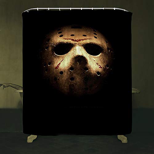 Halloween Shower Curtain Set For Bathroom- Scary Killer Jason Voorhees Friday 13Th, Horror Movie Themed Holiday Polyester Fabric Decoration With Hooks And Toilet Stickers, Christmas Party Decor 72X72 #TOP1