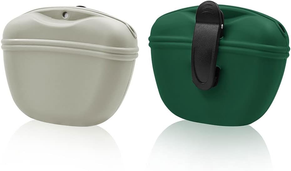 AOKLANT Dog Training Pouch with Magnet,Silicone Portable Multi-Purpose Dog Treat Pouch with Clip (2 Pack, Beige + Hunter Green)
