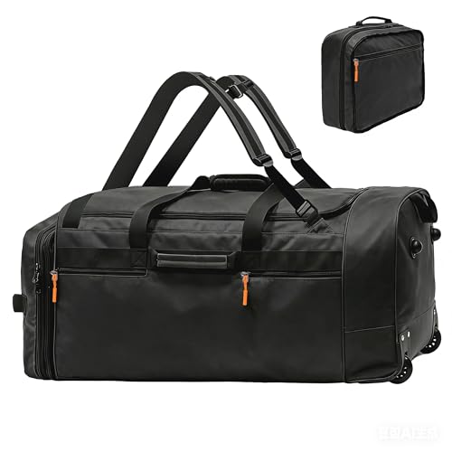 Khalor Rolling Duffle Bag for Travel with 3 Wheels, 28" 110L-120L Large Waterproof Wheeled Duffel, Expandable Fold-Up Travel Duffel Bag, No-Sag Design Lightweight Soft Bag for Men Women, Black