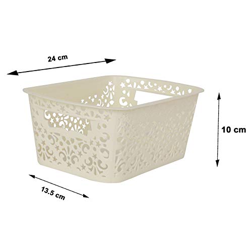 Image of Cutting Edge Essentials Plastic Storage Baskets /Shelf /Turkish Rack without Lid - Set of 3 for Fruit Vegetable Bathroom Stationary Home Basket with Handle (Brown, Beige & White, Small)