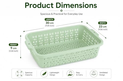 Image of ARICO Plastic Storage Basket with Handles | Multipurpose Ventilated Organizer Bin for Kitchen, Pantry, Refrigerator, Fruits, Vegetables, Bathroom, Wardrobe & Cabinet Storage | Mint Green