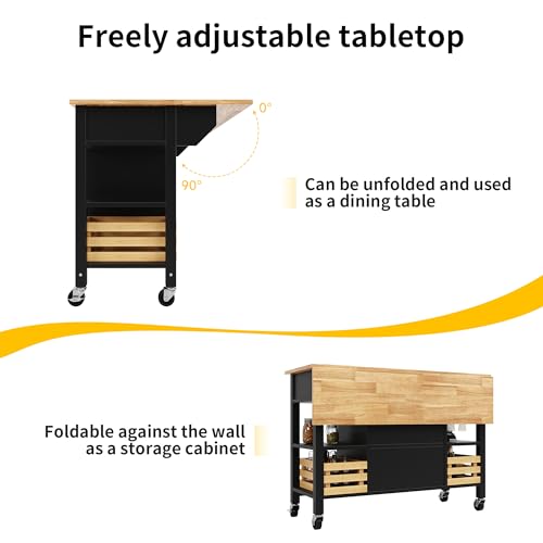 ModernLuxe Rolling Kitchen Island Storage Trolley with 3 Drawers, Large Cabinet, Spice Rack, Adjustable Shelf, Folding Sideboard, Black Dining Room Organizer Cart, MDF & Steel Construction - Image 7