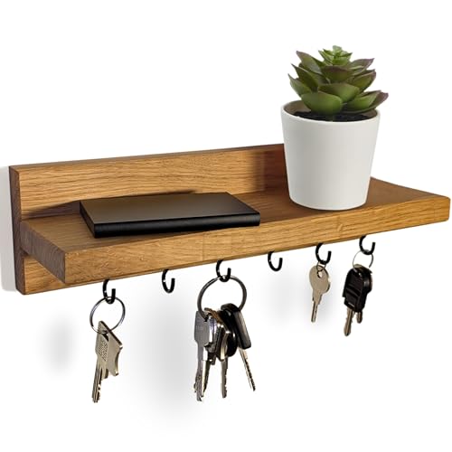 Lemodie Schlüsselbrett mit Ablage Holz Eiche – 6 Schlüsselhaken – Moderner Schlüsselhalter Wand – Schlüsselleiste zur Schlüsselaufbewahrung – Schlüsselboard – Key Holder 28x10cm