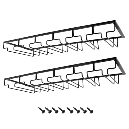 MOCOUM Wine Glasses Rack Under Cabinet Stemware Rack,Wine Glass Hanger Rack Wire Wine Glass Holder Storage Hanger for Cabinet Kitchen Bar (Black, 6 Rows 2 Pack)