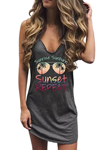 MHTOR Live Simple Coconut Tree Sleeveless Mini Dress Sunshine Sand Beach Mini Dress Women's Summer Casual V Neck Mini Dress(X-Large,Dark Grey-3)