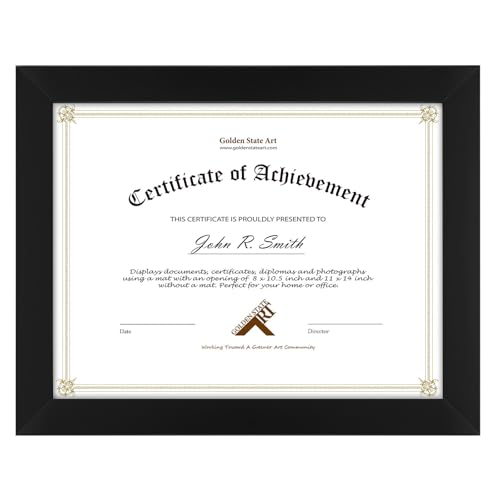 Golden State Art 8.5x11 Diploma Frame - Black Solid Wood Picture Frame with Real Glass, Wall or Tabletop Display for Graduation, Certificates, Documents and Home Decor, 1 Pack