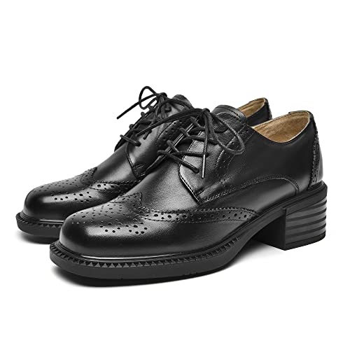 Zuyee Women Chunky Oxford Shoes Perforated Lace-Up Square Toe Classic Brogue,Low Block Heel Leather Pumps Dress Wedding Black Size 6.5 #TOP1