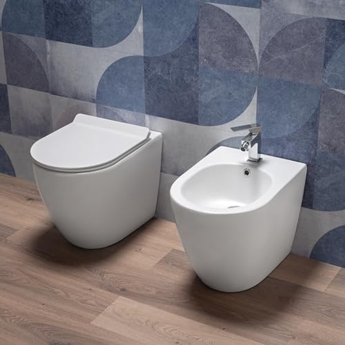 Coppia Sanitari bagno a terra in Ceramica Bianco Lucido - WC Rimless, Bidet, Sedile Soft Close, Sgancio Rapido, Risparmio Idrico, Fissaggi Inclusi, Installazione Parete o Pavimento - Mod.WhiteFloor 1