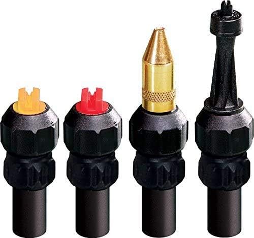 Four different spray nozzles: a yellow flat fan, a red flat fan, a brass adjustable nozzle, and a black foaming nozzle.