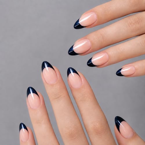 Press On Nails Short Almond French Tip Set, Navy Chrome Soft Gel, 30 PCS
