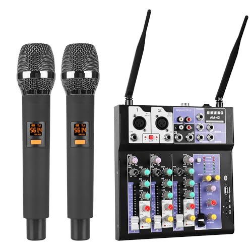 Image of SIKUING Professional 4 Channel Audio Mixer with Dual Wireless Microphone,DJ Mixer Sound Board,3-Band EQ,USB Interface Bluetooth 48V Phantom Power for Karaoke,Recording,Live Streaming,Podcasting(200ft)