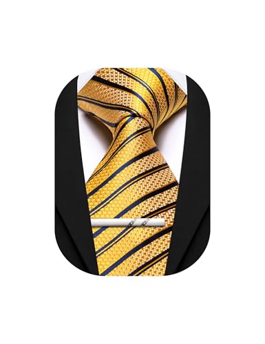 Image of Barry.Wang Gold Blue Silk Men Ties Formal Stripes Necktie and Tie Clip for Wedding Party Business Fashion Classic