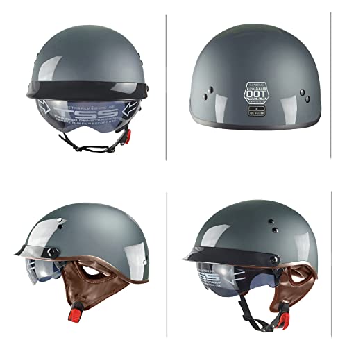 Motorcycle Half Helmet with Retractable Inner Sun Shade Quick Release Buckle DOT Approved Half Face Cycling Helmets for Men Women Adult (Gray, Medium)