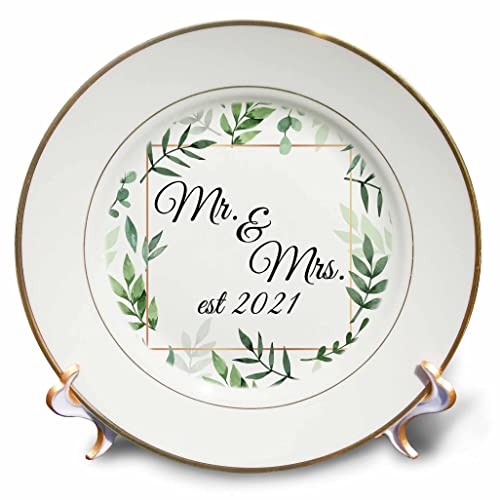 3dRose Black Mr. and Mrs. Est 2021 framed in green leaves and a gold square., 8-Inch