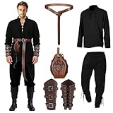 Disfraz medieval para hombre, juego completo – Traje de pirata vikingo renacentista, disfraz de pirata para hombre, con camisa, pantalones, cinturón, protector de muñeca y riñonera, accesorios para