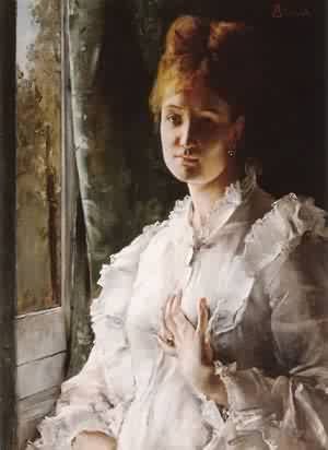 Peinture à l'huile de Alfred Stevens portrait Woman in White toile de 30 x 36 pouces