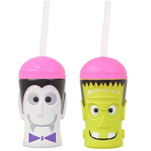 Halloween Plastic Cups With Straws - Pumpkin - Skeleton - Dracula Vampire - Frankenstein - Set Of 4-16 Oz #TOP3