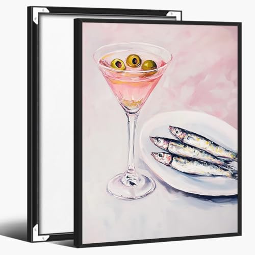 Martini and Fish Wall Art – Pink Cocktail with Olives and Silver Fish on Plate, Modern Canvas Print for Kitchen, Dining Room or Bar Cart Decor-20x30Inch Ready to Hang(Black Aluminum Frame)