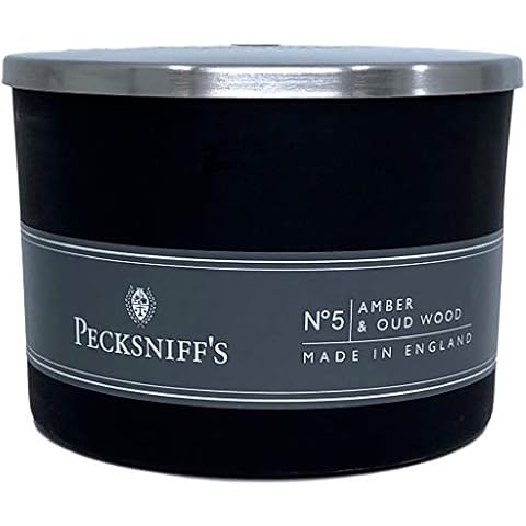 Pecksniffs Amber and Oud Wood Scented Candle with 3 Wicks Cover