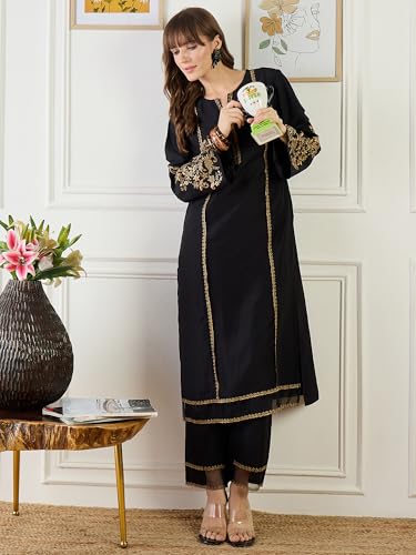 Image of INDO ERA Women's Silk Blend Floral Embroidered Straight Kurta & Pant Set (IESTR11531)