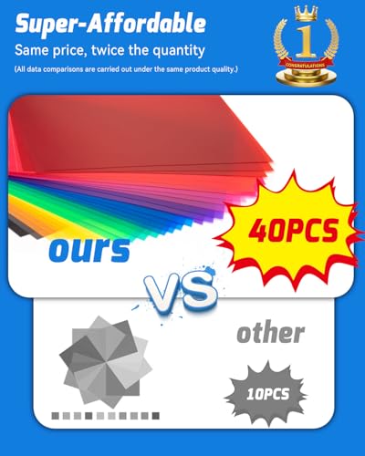 SAMNISOO 40 Stück Farbkorrektur-Gel-Lichtfilter, Transparentfolie Kunststoffblätter Farbige Overlays Farblicht-Gel-Filter, 10 Farben A4 Größe