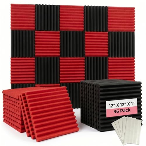 96 Pack Black/RED 12 "X 12 "X1" Acoustic Panels Studio Soundproofing Foam Wedge Tiles(Accompanied By Double-Sided Adhesive Tape)