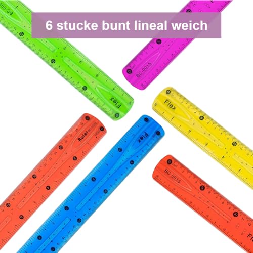 Flexibles Lineal Set,Lineal 30cm Lineal 20cm Lineal 15cm Grundschule,6 Stücke Bunt Lineal Weich,Transparent Lineal Bruchsicher Biegbares für Schule Büro Zuhause Kinder Mädchen.