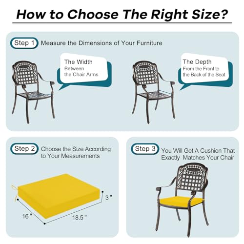 Image of Basic Beyond Outdoor Chair Cushions Set of 6, Square Corner Outdoor Cushions for Patio Furniture, Water Resistant Patio Chair Cushions with 2 Ties, 18.5x16x3, Yellow Color