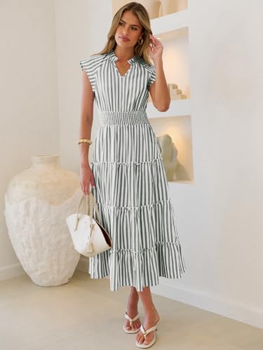 Caracilia Womens Summer Maxi Dresses Casual V Neck Cap Sleeve Gingham Striped Dress Flowy Tiered Beach Vacation Midi Sundress Green White Striped Small — view 2