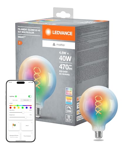Ledvance Lampada Led Smart+ Matter, Vetro Chiaro a Filamento, 4,8W, 470Lm, Globo E27, Luce Colorata e Bianca, Compatibile con Google, Alexa, Apple, App o Controllo Vocale, Durata Fino a 15.000 Ore