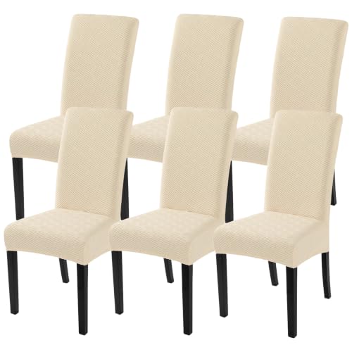 Image of SearchI Jacquard Dining Room Chair Covers Set of 6, Stretch Kitchen Chair Covers Washable Parsons Chair Slipcover Removable Dining Chair Protectors for Hotel,Ceremony(Beige Maze Jacquard)