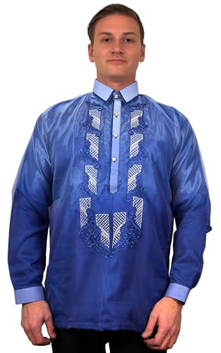 Handmade Kapamilya Barong Tagalog for Men - Long Sleeve Traditional Filipino Shirt - Blue Organza - US Size (Medium)