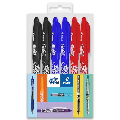Pilot Frixion FR7 - Bolígrafo de punta redonda borrable con calor y fricción, punta de 0,7 mm, 6 unidades, color negro, azul y rojo